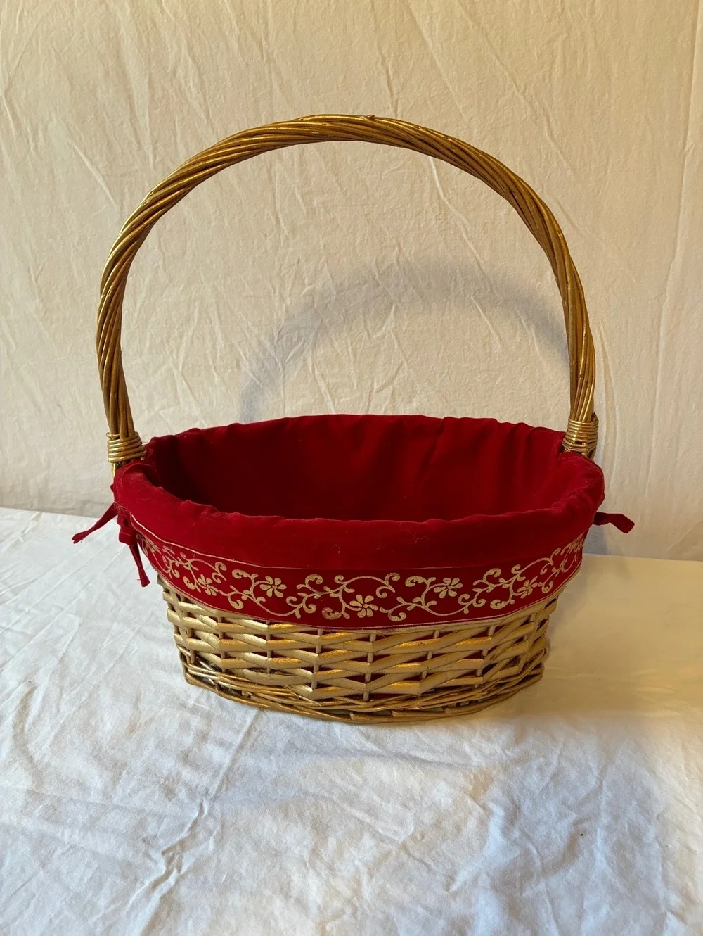 Wicker Basket with Red Velvet Lining and Embroidered Gold Design